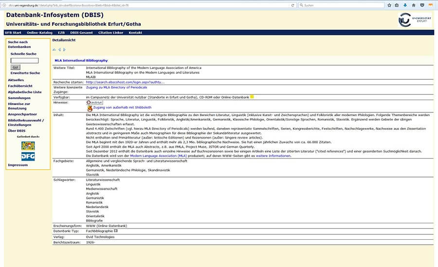 MLA Datenbank für Internetrecherche