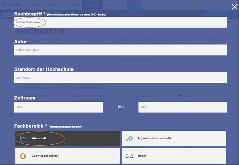 Recherche Filter der Thesius-Datenbank