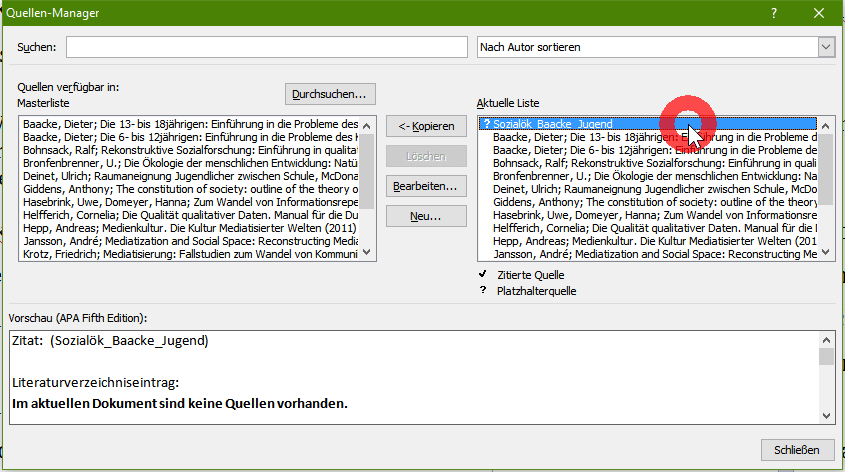 Bearbeiten Platzhalters Quellenmanager Literaturverzeichnis Word