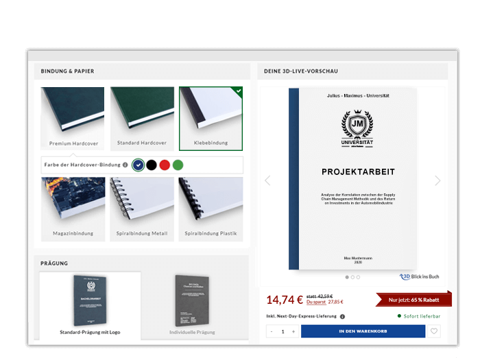 Projektarbeit drucken binden 3D-Live-Vorschau online