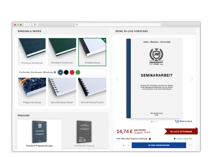 Seminararbeit drucken binden mit 3D-Vorschau