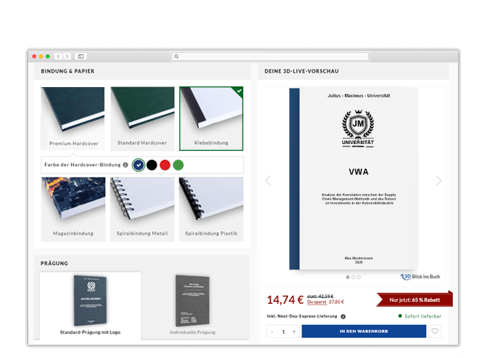 VWA drucken binden online 3D-Live-Vorschau